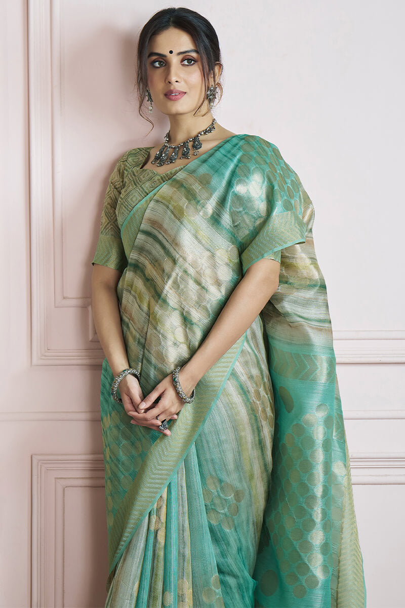 Spanish Green Digital Printed Khadi Silk Saree