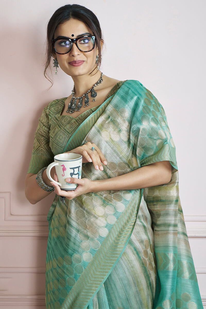 Spanish Green Digital Printed Khadi Silk Saree
