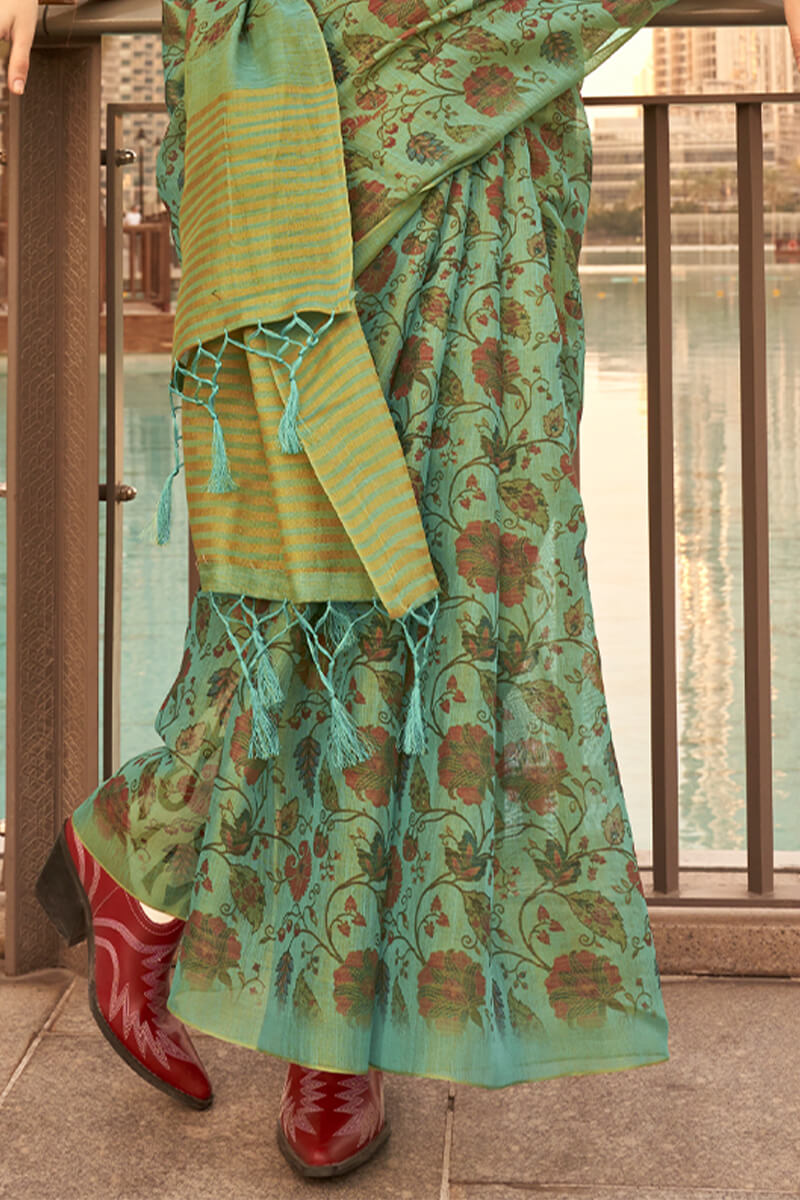 Spanish Green Printed Tissue Silk Saree