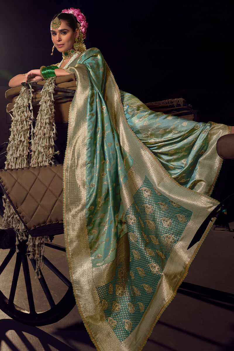 Spanish Green Pure Viscose Tissue Silk Hand Worked Saree
