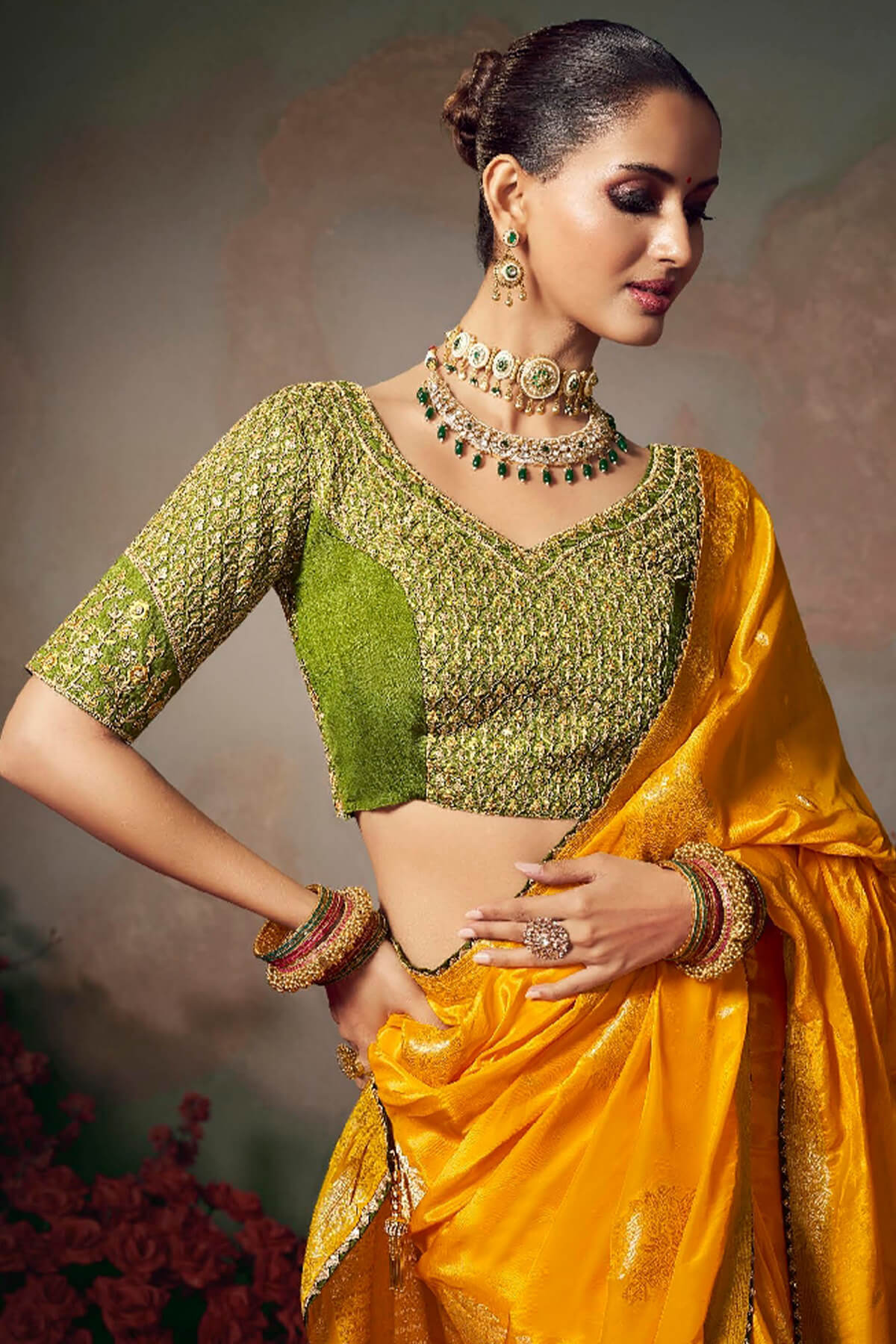 Squash Yellow Banarasi Silk Saree with Designer Blouse Piece