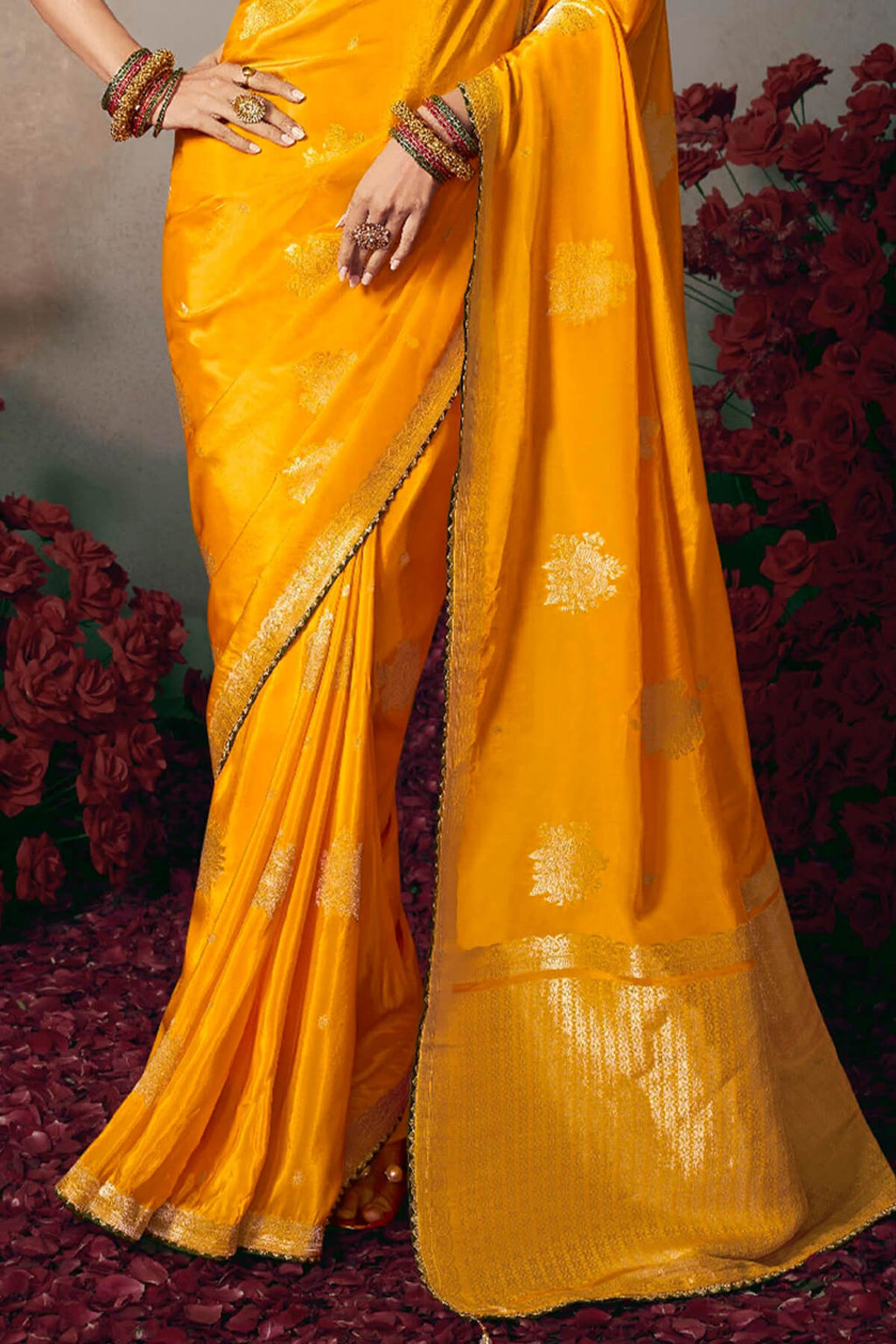 Squash Yellow Banarasi Silk Saree with Designer Blouse Piece