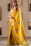 Squash Yellow Foil Printed Dola Silk Saree