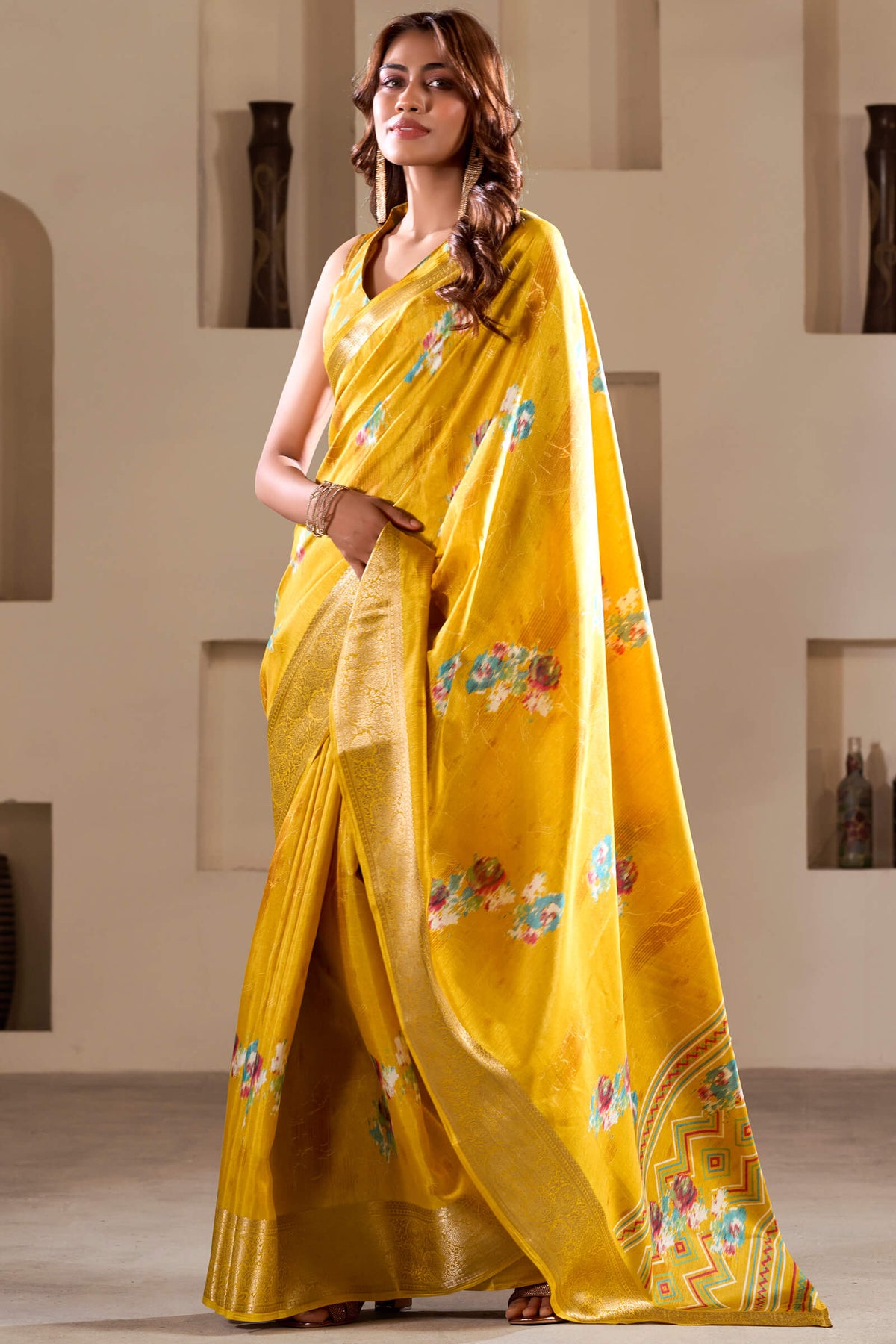 Squash Yellow Foil Printed Dola Silk Saree