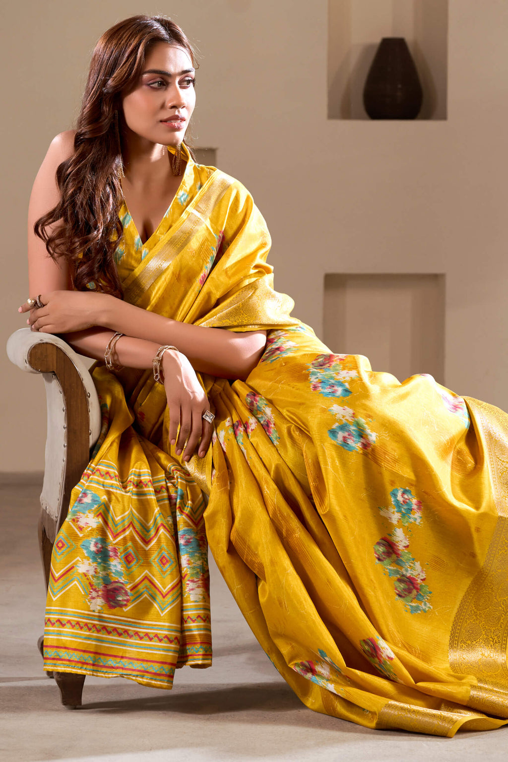 Squash Yellow Foil Printed Dola Silk Saree