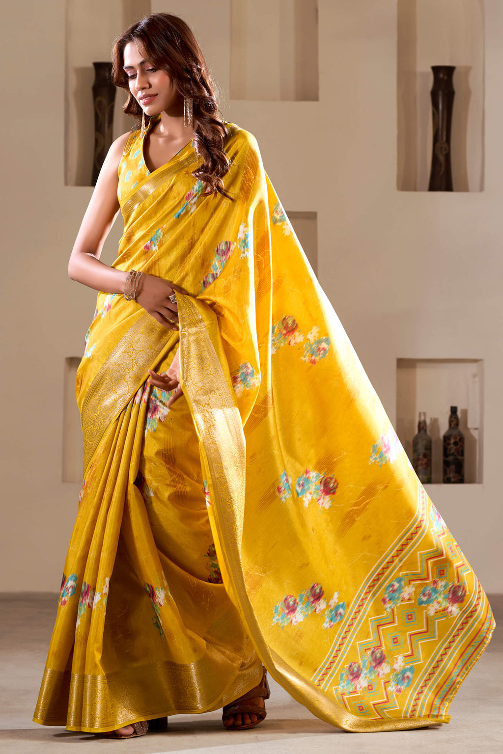 Squash Yellow Foil Printed Dola Silk Saree