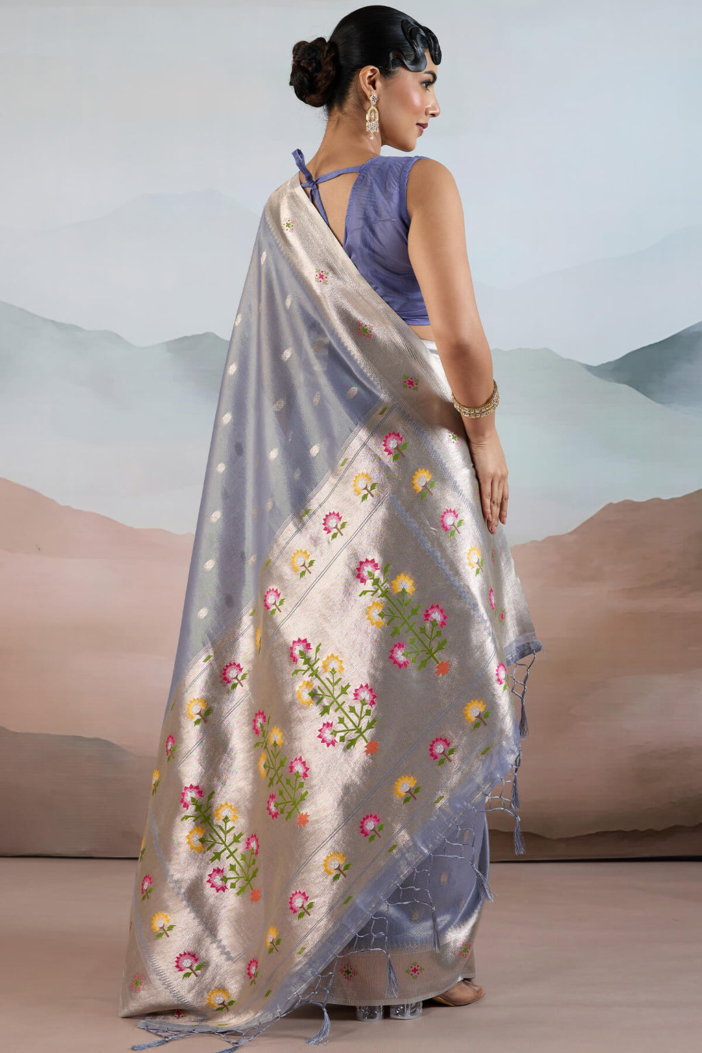 Steel Blue Paithani Tissue Silk Saree