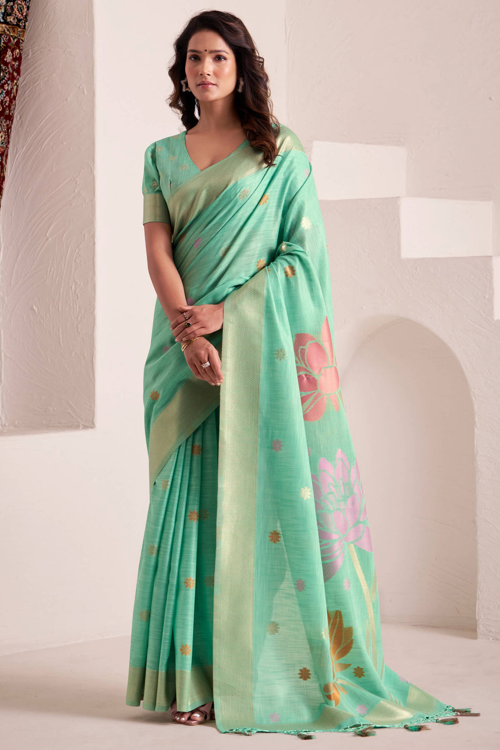 Summer Green Soft Linen Silk Saree