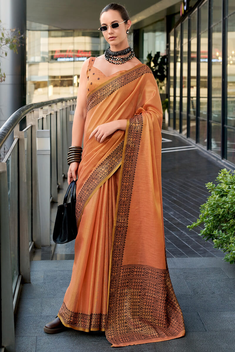Sunrise Orange Linen Tissue Silk Saree