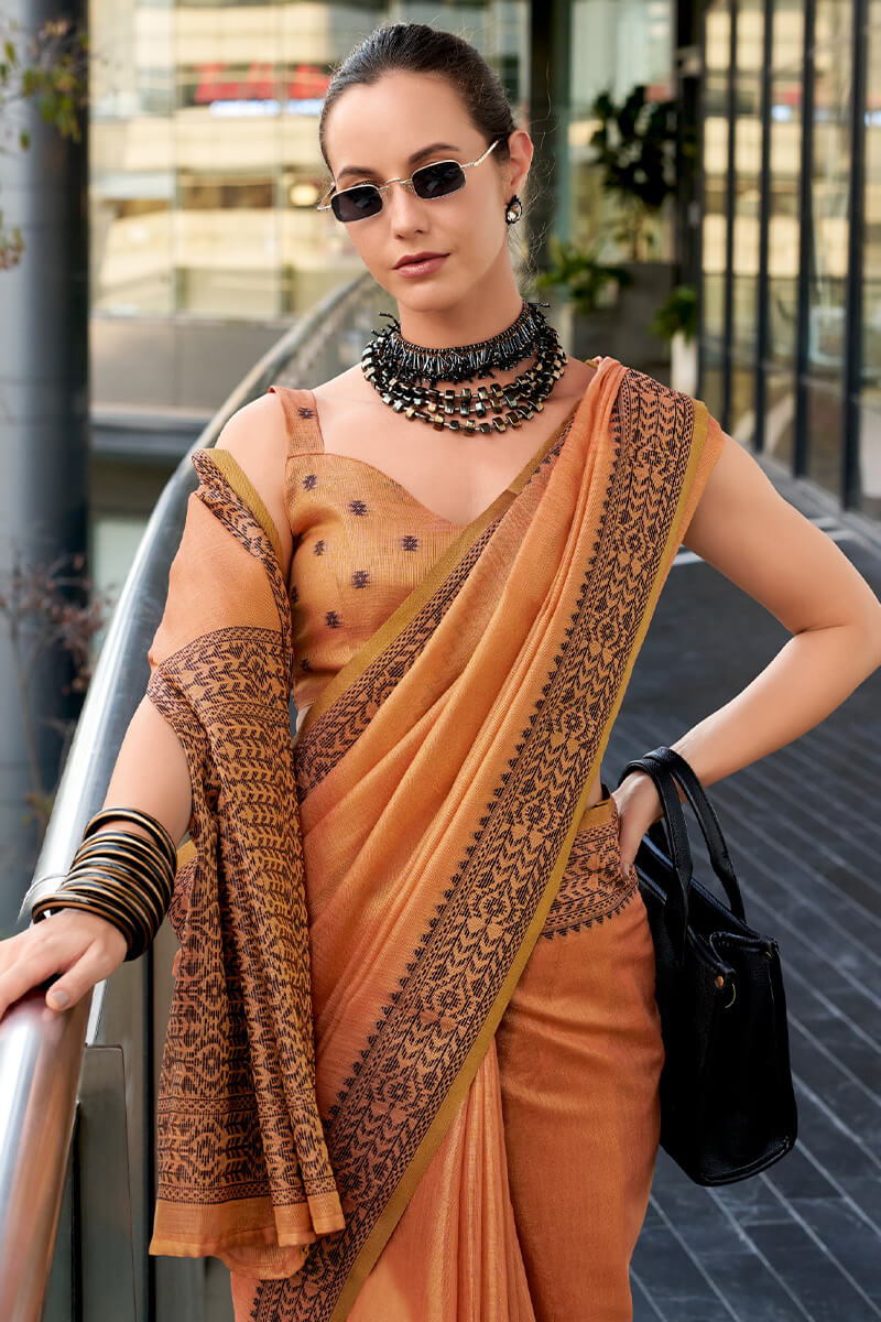 Sunrise Orange Linen Tissue Silk Saree