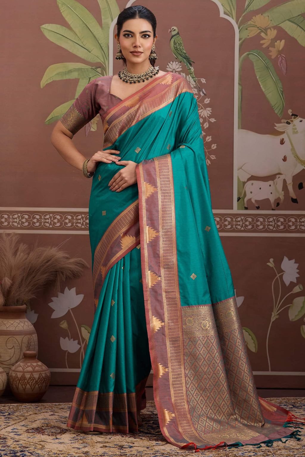 Surfie Green Banarasi Tussar Silk Saree
