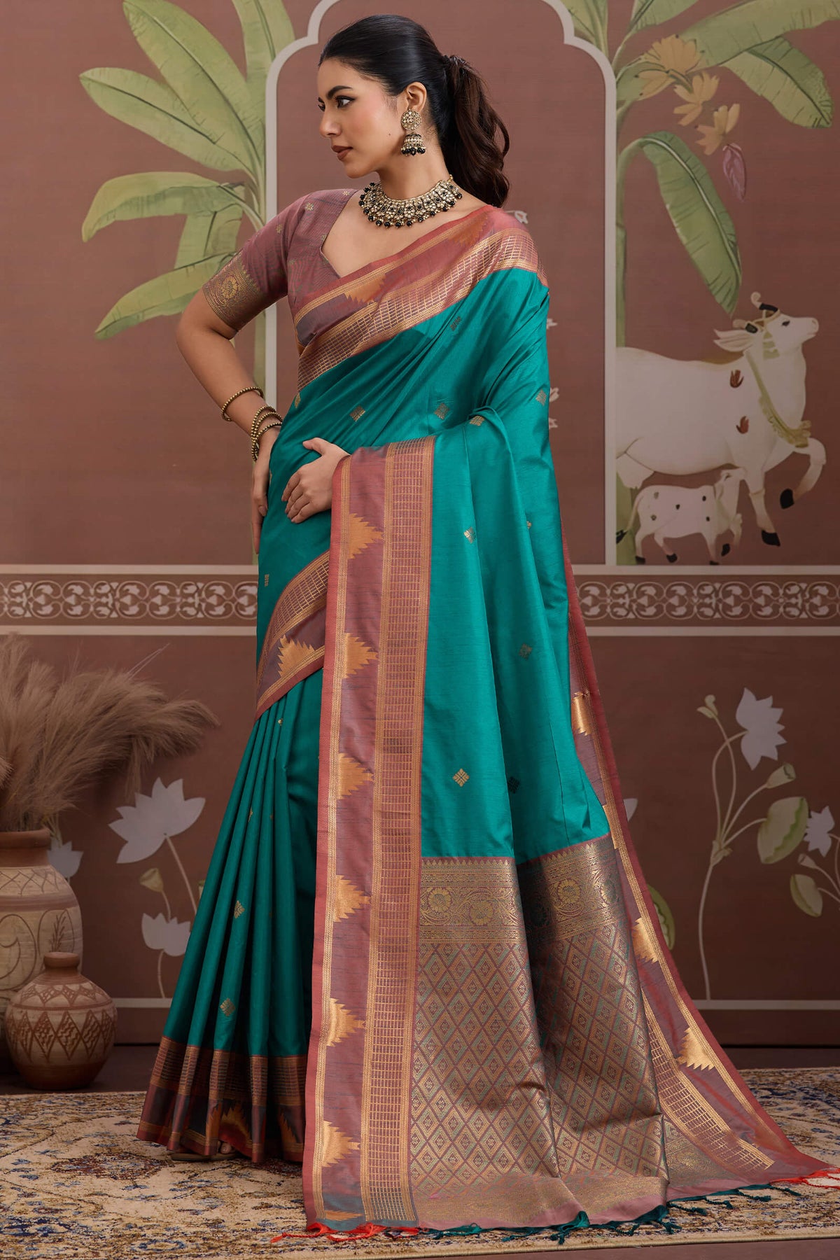 Surfie Green Banarasi Tussar Silk Saree