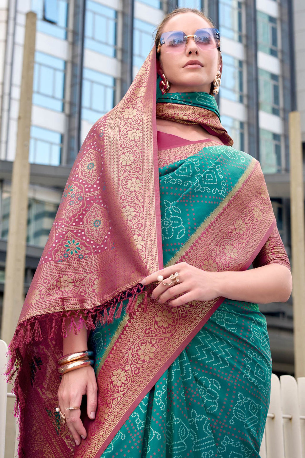 Surfie Green Soft Bandhani Saree