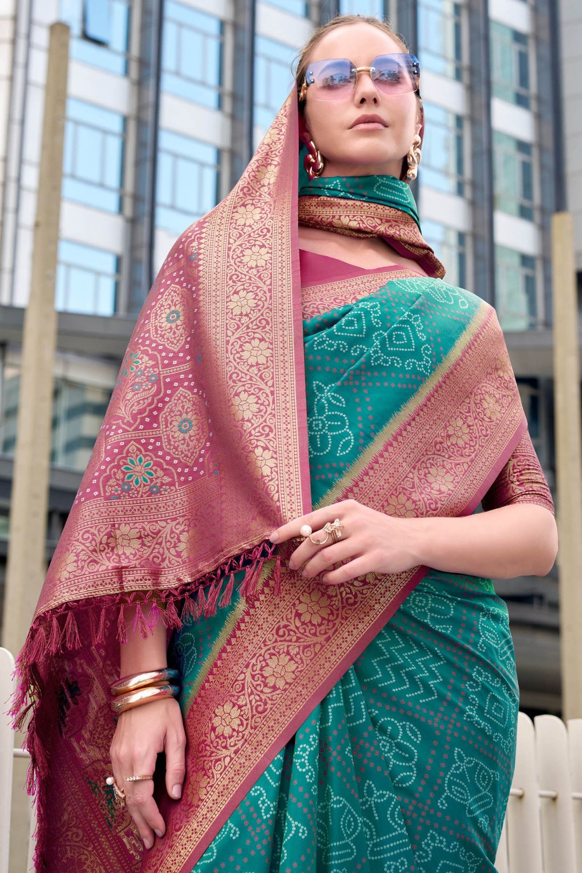 Surfie Green Soft Bandhani Saree