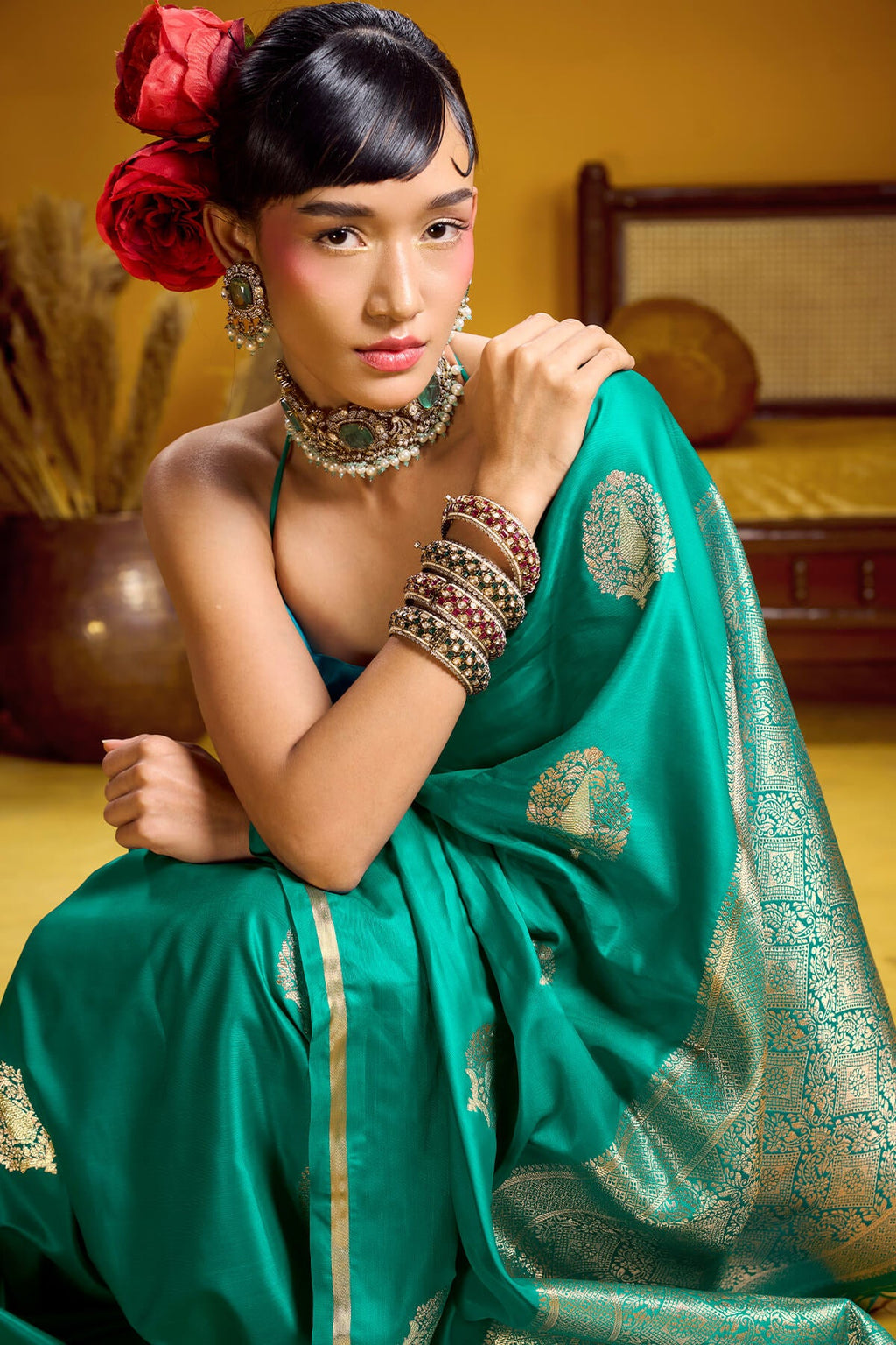 Surfie Green Zari Woven Banarasi Satin silk saree