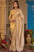 Tacao Beige Hand Work Viscose Saree with Stiched Blouse