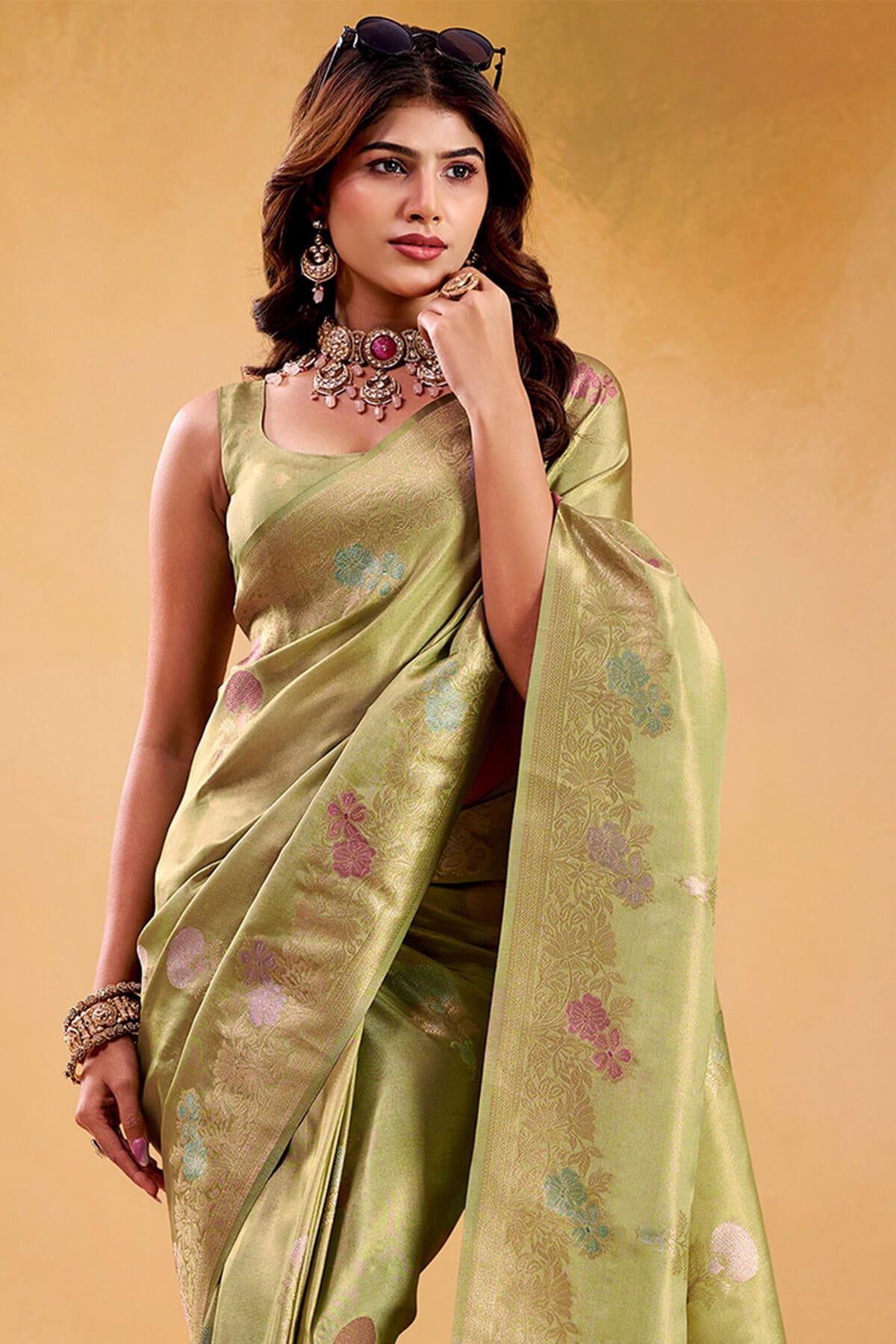 Tan Green Banarasi Tissue Silk Saree