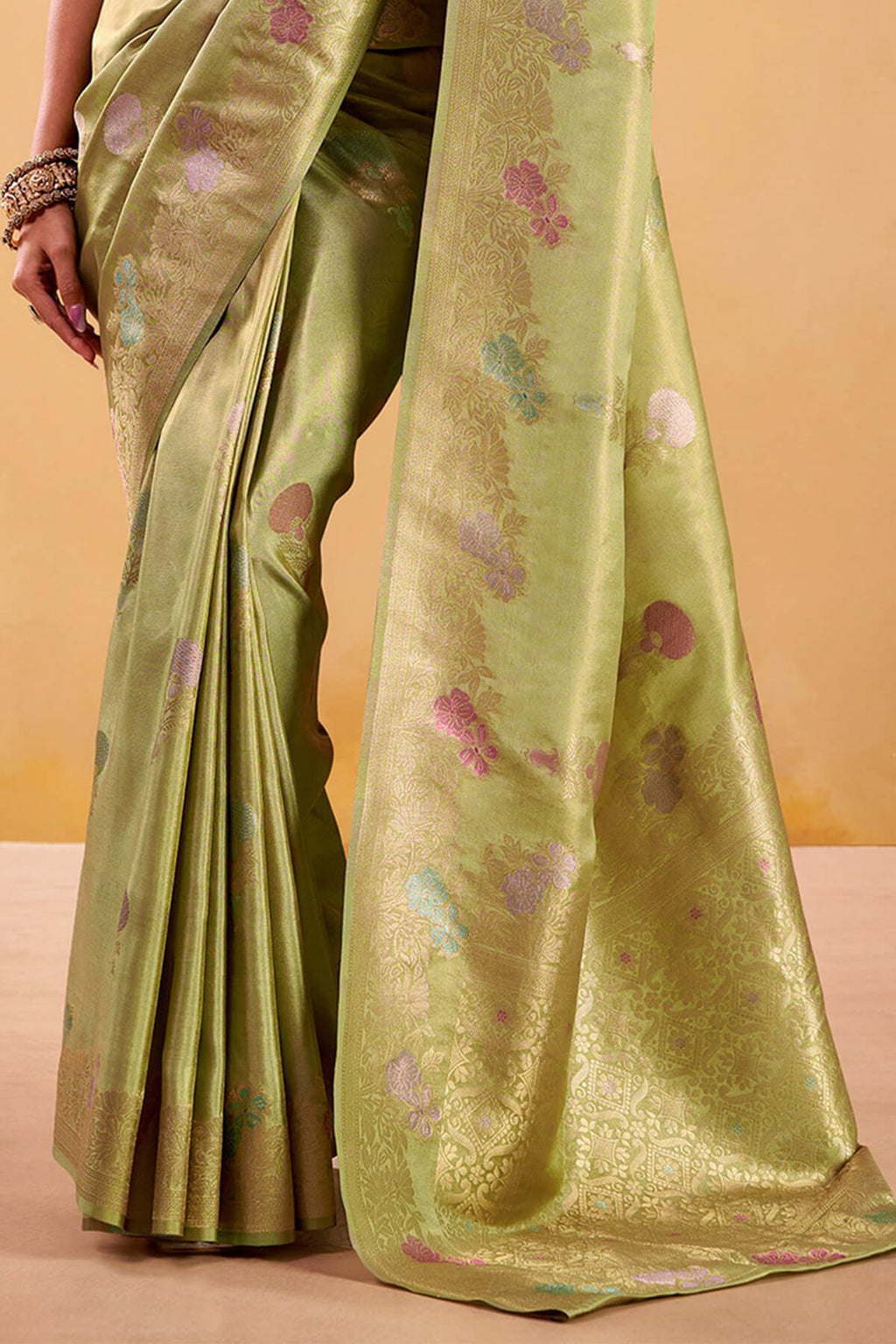 Tan Green Banarasi Tissue Silk Saree