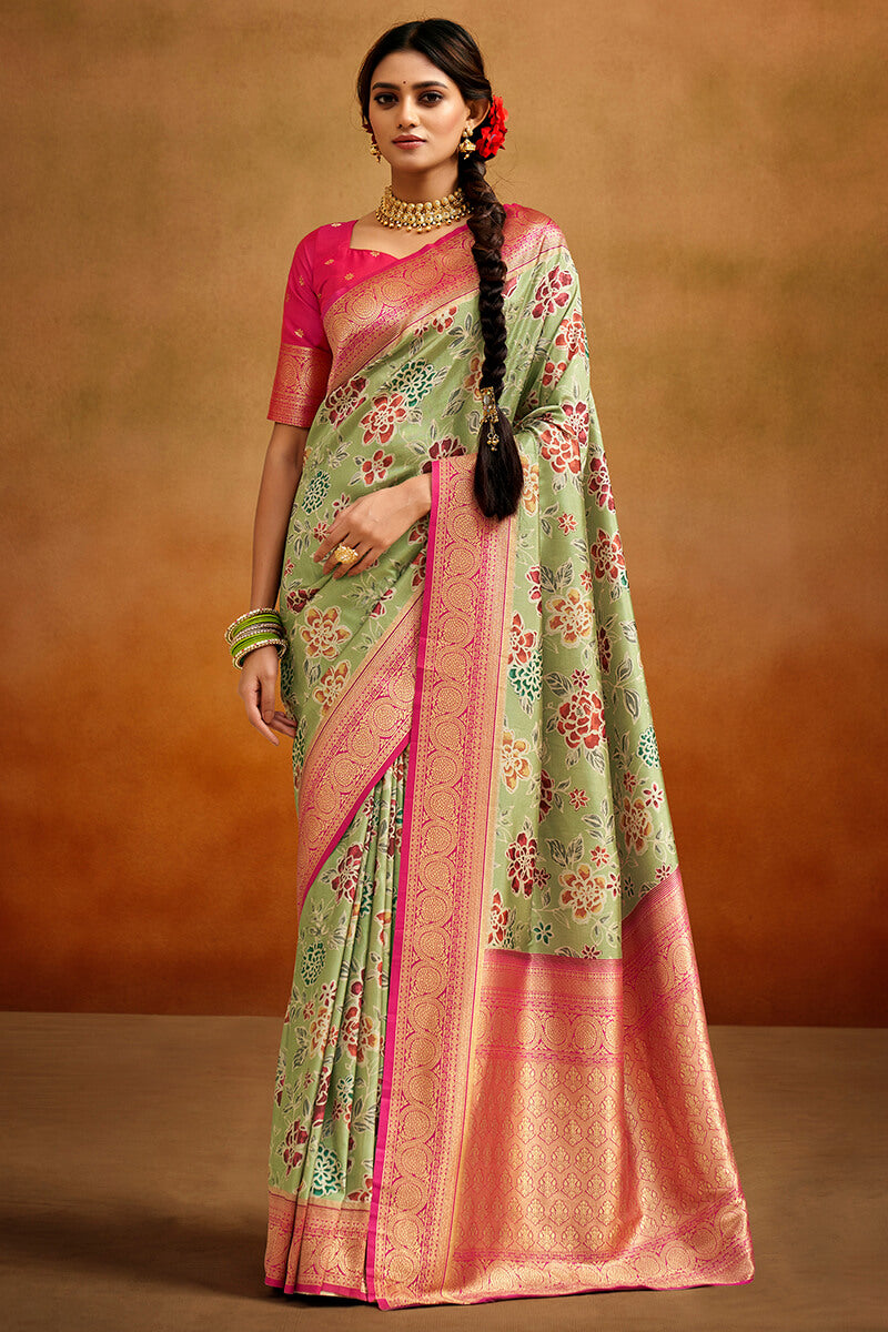 Tan Green Kalamkari Printed Tussar Silk Saree