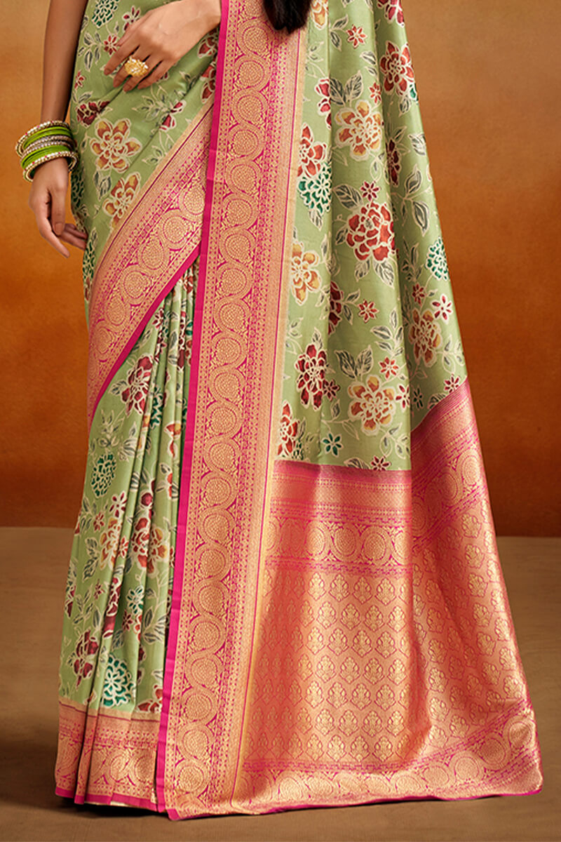 Tan Green Kalamkari Printed Tussar Silk Saree