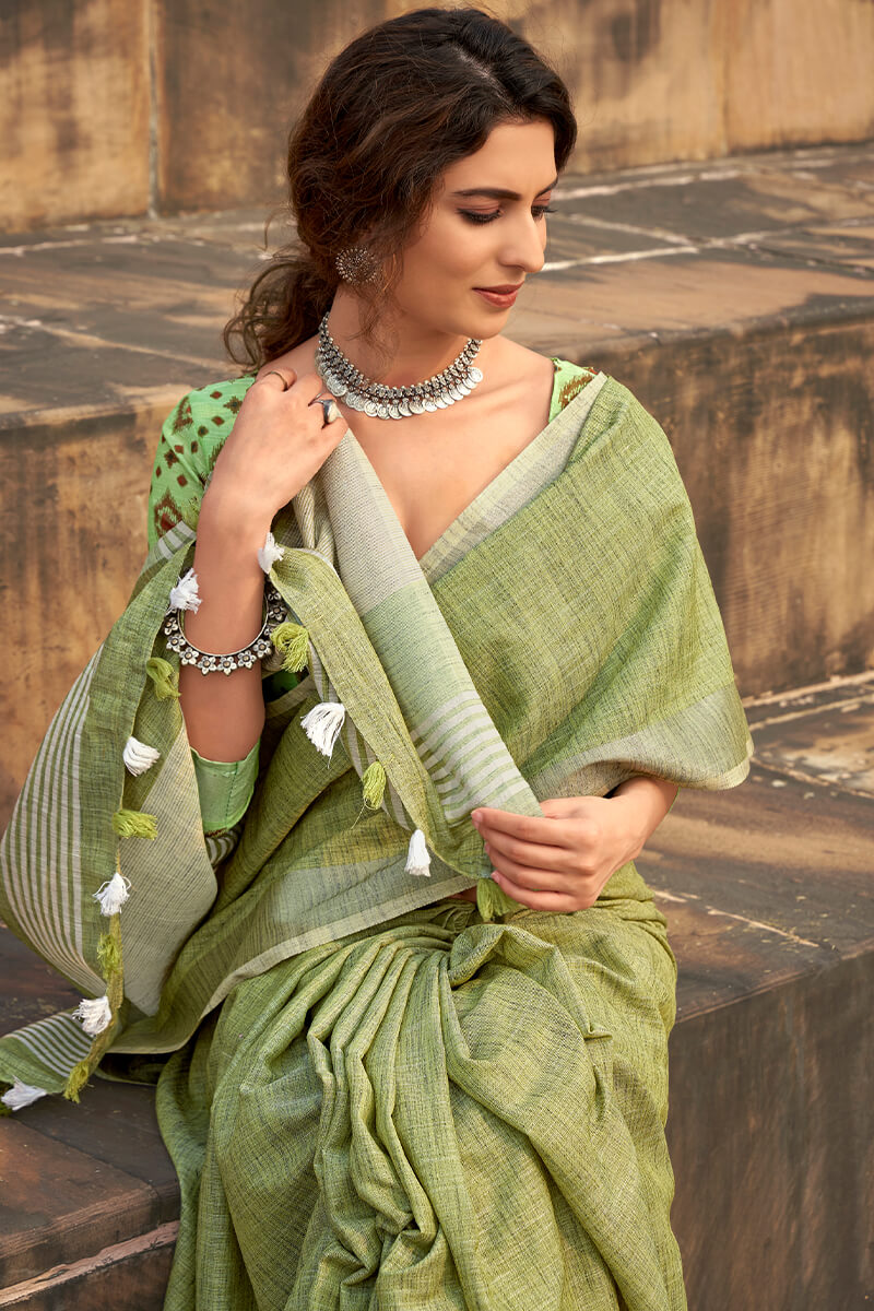 Tan Green Soft Linen Silk Saree