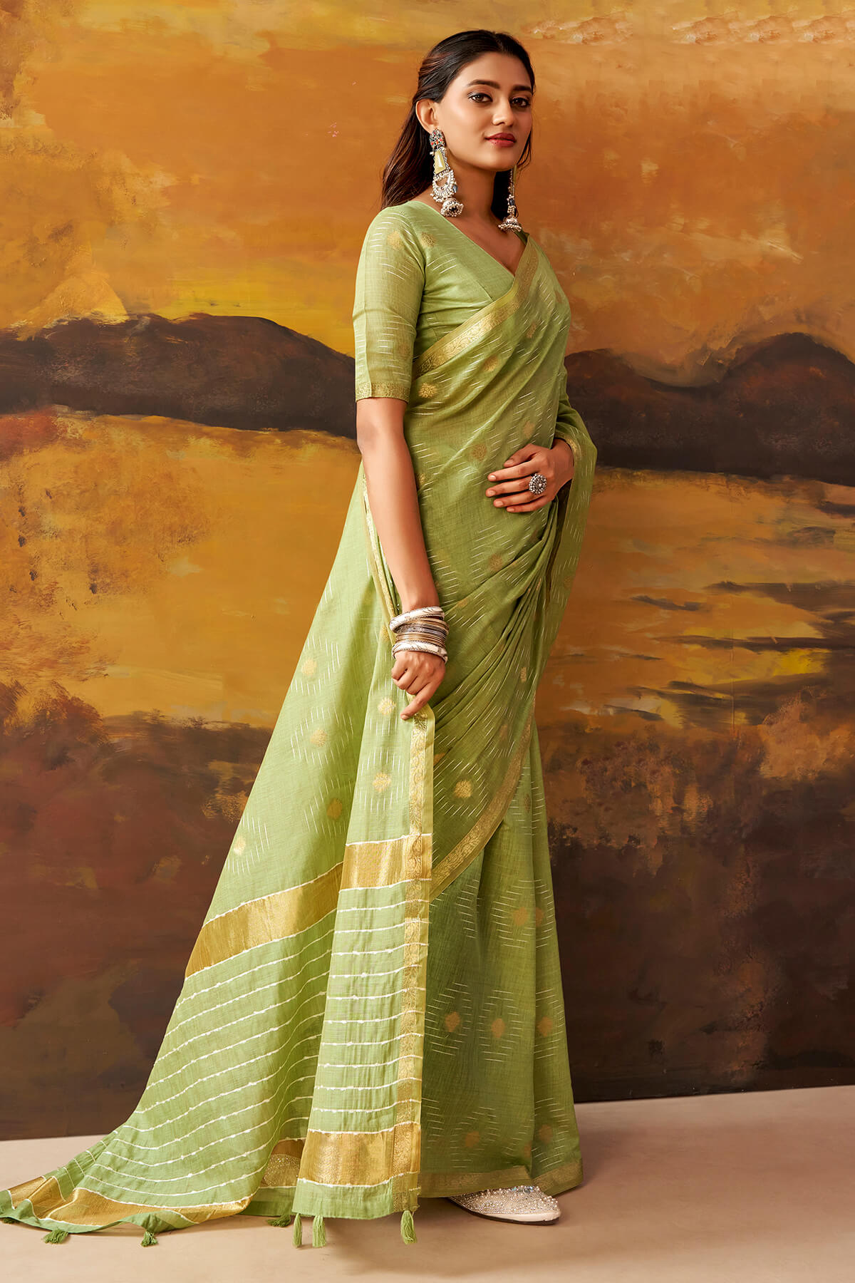 Tan Green Zari Woven Cotton Silk Saree