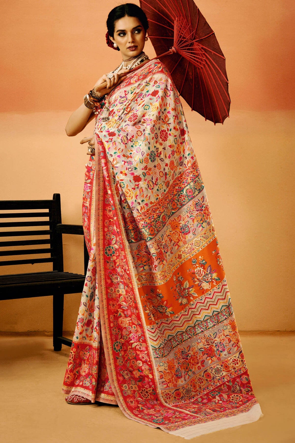 Tequila Beige Kashmiri Modal Pashmina Silk Saree
