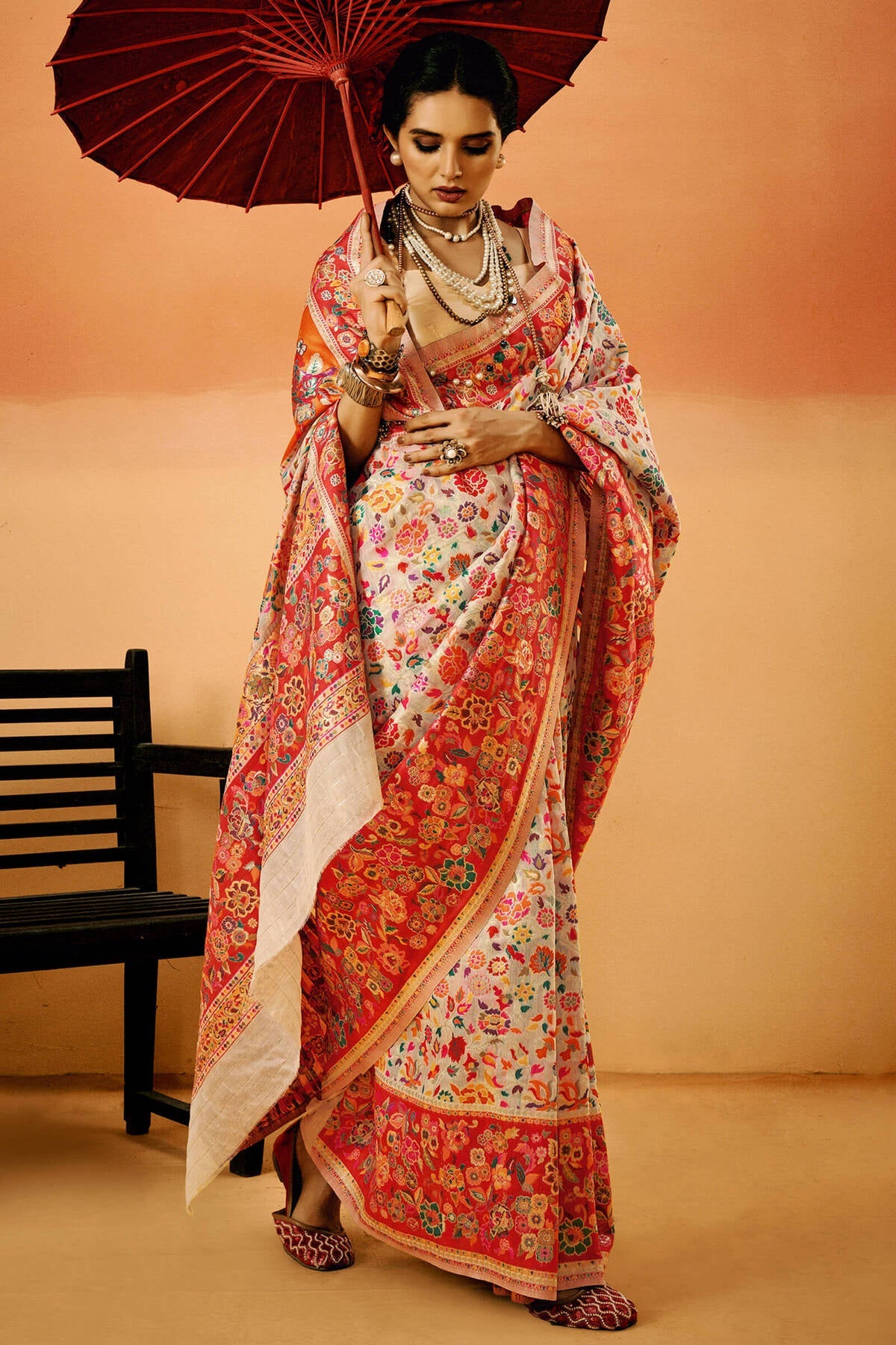 Tequila Beige Kashmiri Modal Pashmina Silk Saree
