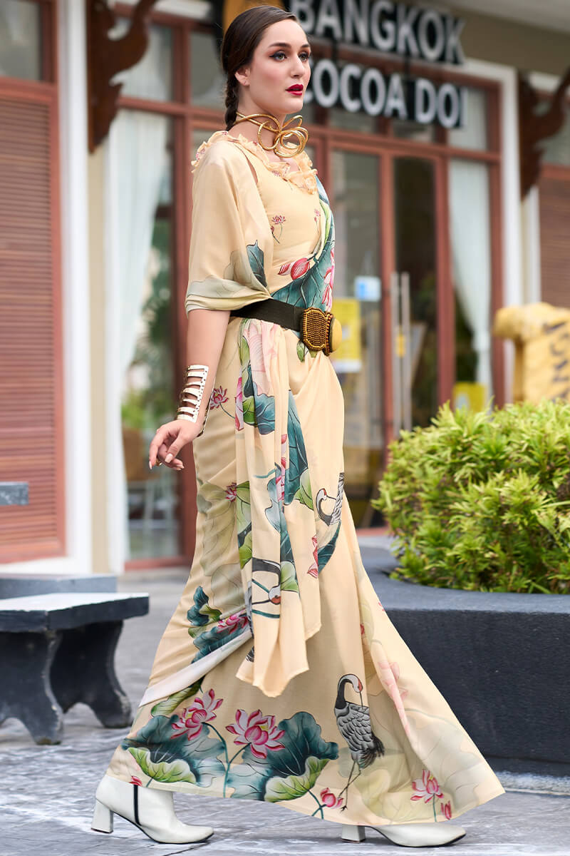 Tequila Beige Printed Georgette Silk Saree