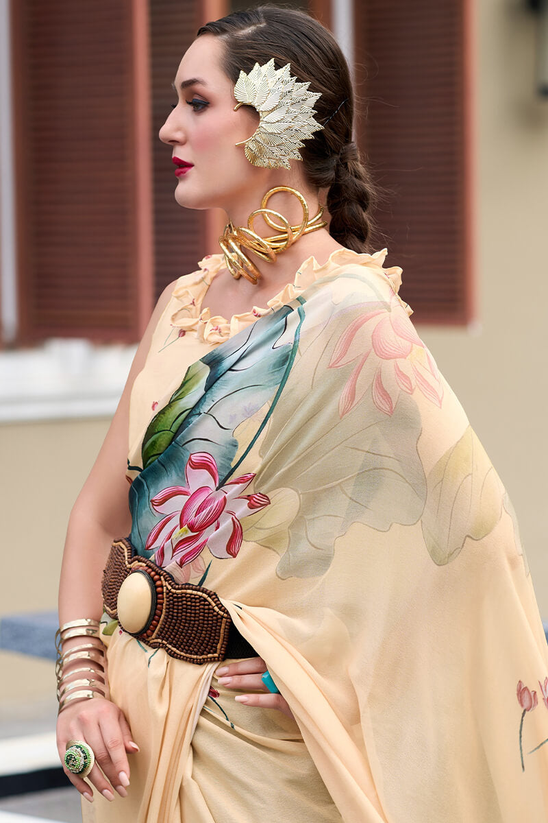 Tequila Beige Printed Georgette Silk Saree