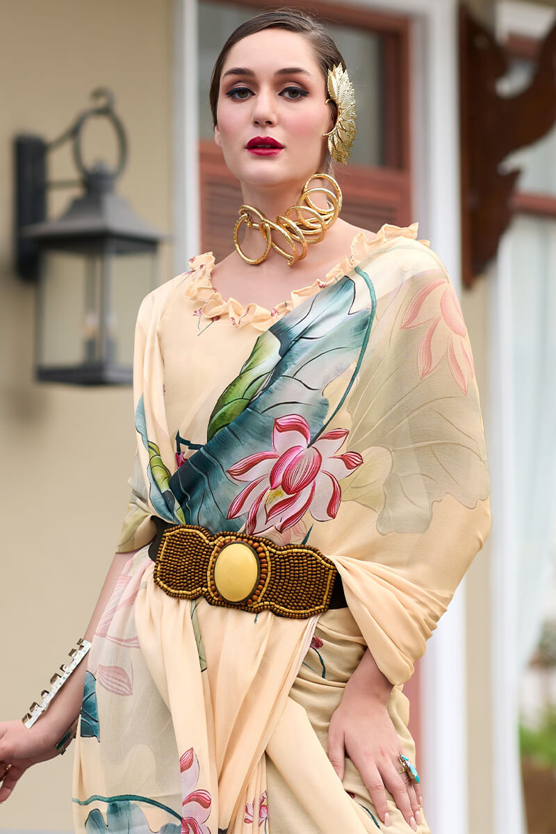 Tequila Beige Printed Georgette Silk Saree