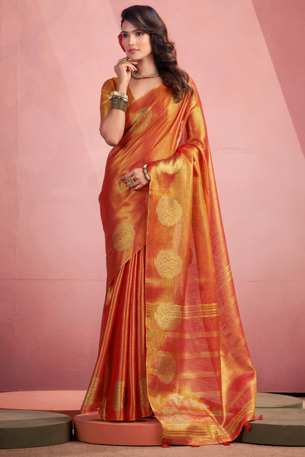 Terracotta Orange Tissue Silk Saree