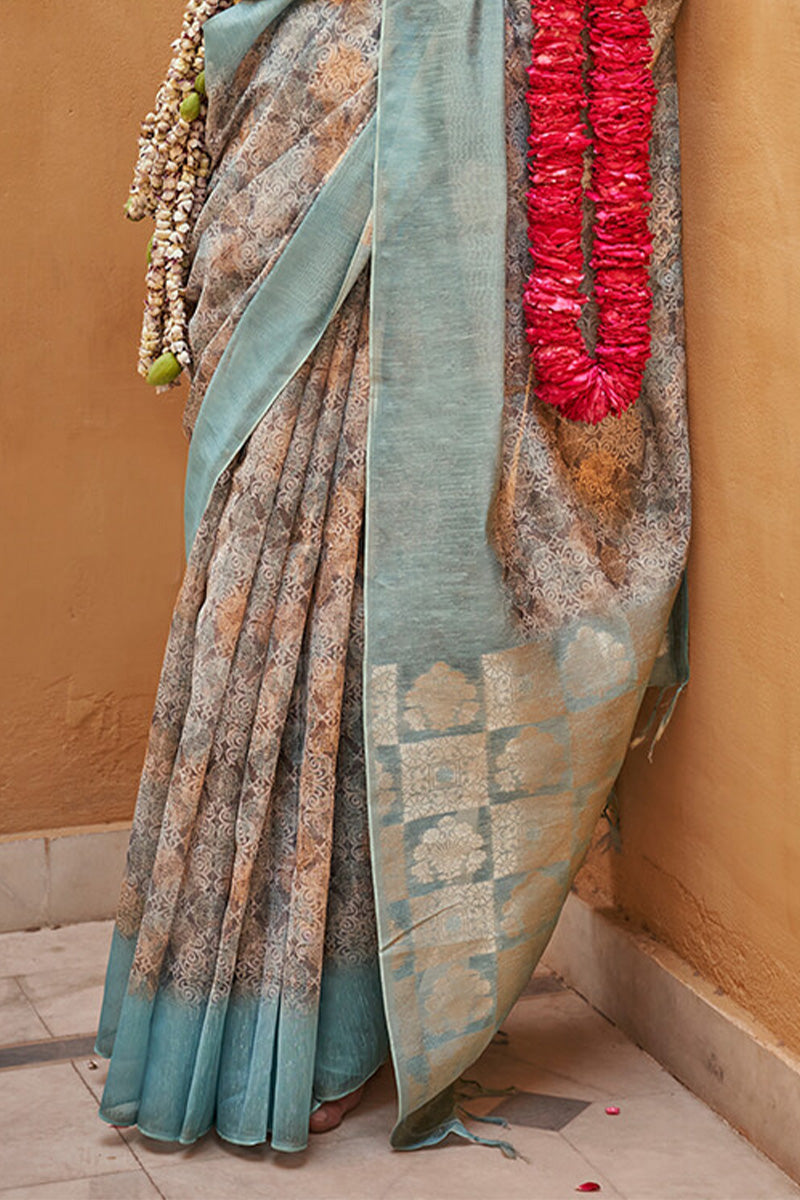 Thatch Beige Digital Printed Linen Silk Saree