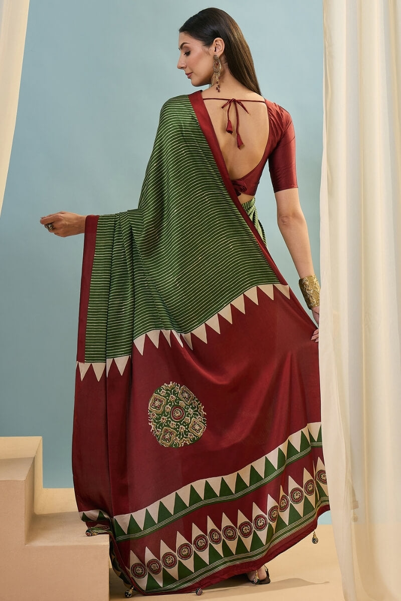 Thatch Green Ajrakh Printed Satin Silk Saree