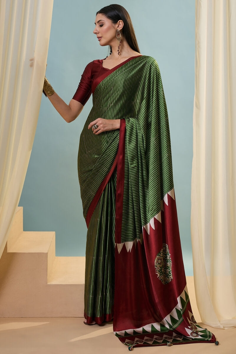 Thatch Green Ajrakh Printed Satin Silk Saree