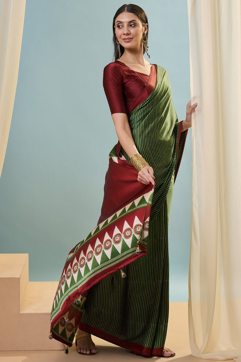 Thatch Green Ajrakh Printed Satin Silk Saree