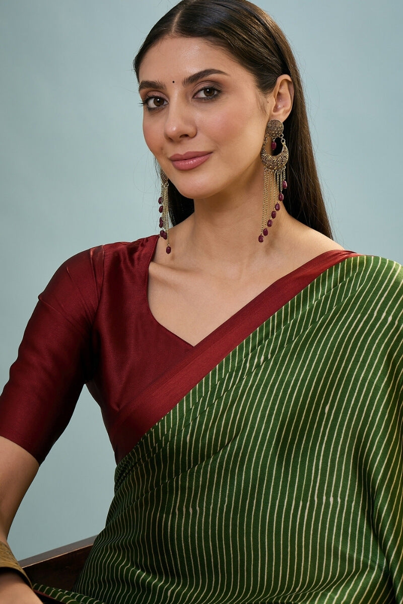 Thatch Green Ajrakh Printed Satin Silk Saree