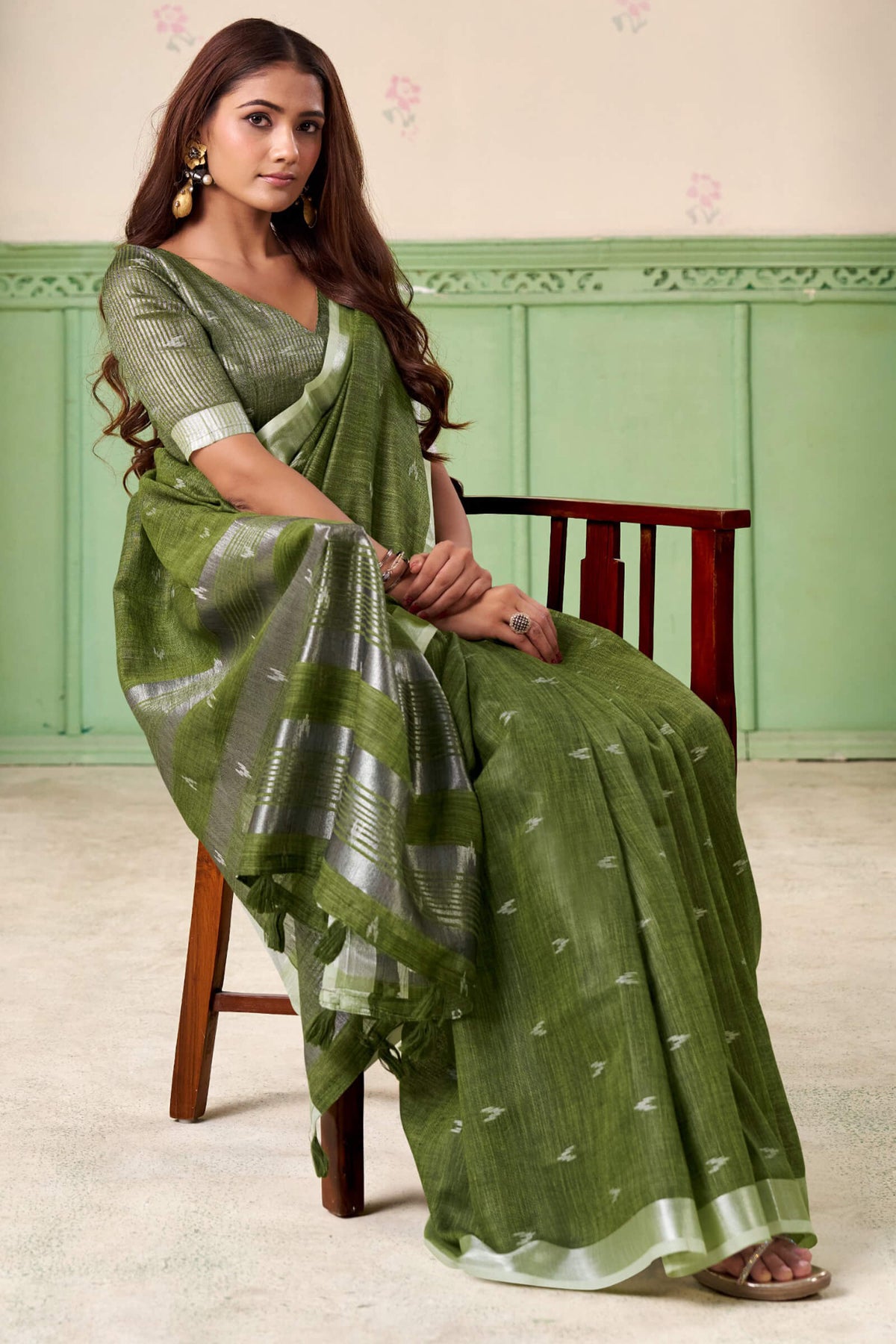 Thatch Green Linen Silk Saree