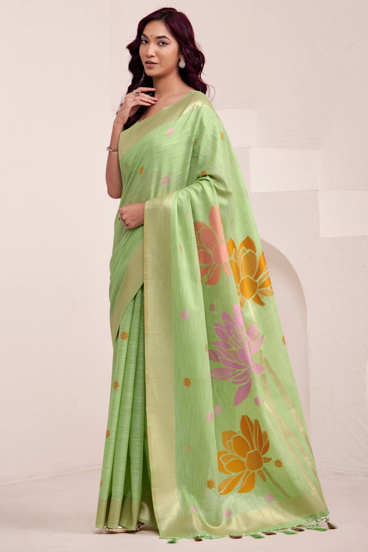 Thistle Green Soft Linen Silk Saree
