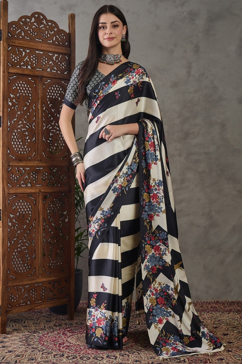 Thunder Black Stripe Printed Satin Silk Saree