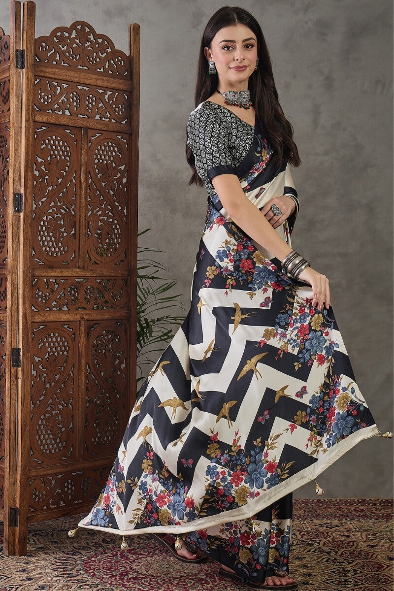 Thunder Black Stripe Printed Satin Silk Saree
