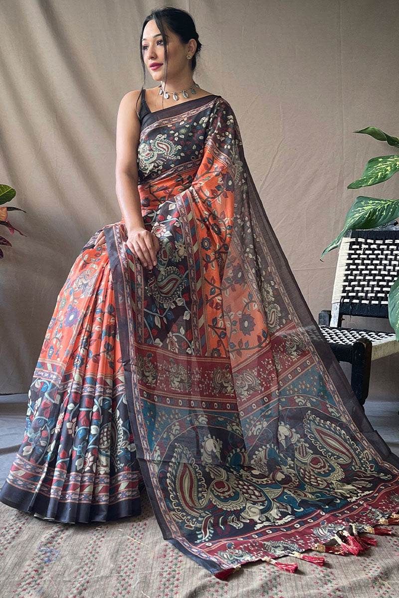 Tiger Orange Kalamkari Printed Cotton Saree