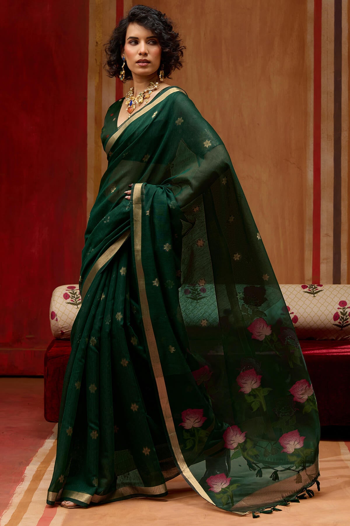 Timber Green Handloom Munga Cotton Saree
