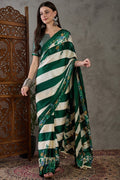 Timber Green Stripe Printed Satin Silk Saree