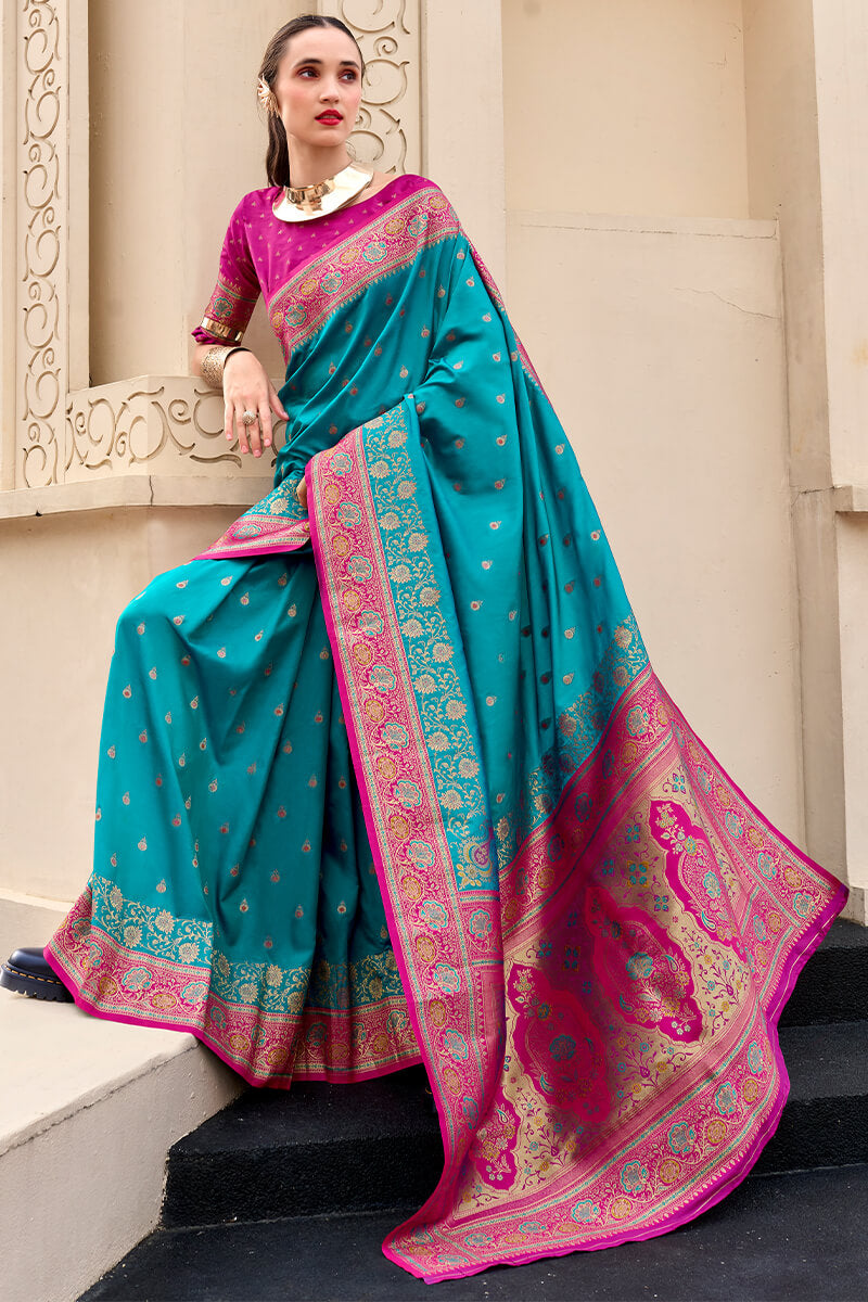 Topaz Blue Soft Banarasi Silk Saree