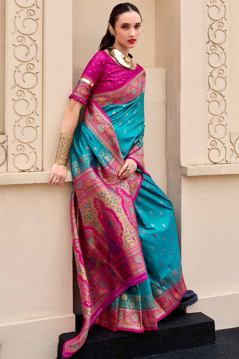 Topaz Blue Soft Banarasi Silk Saree