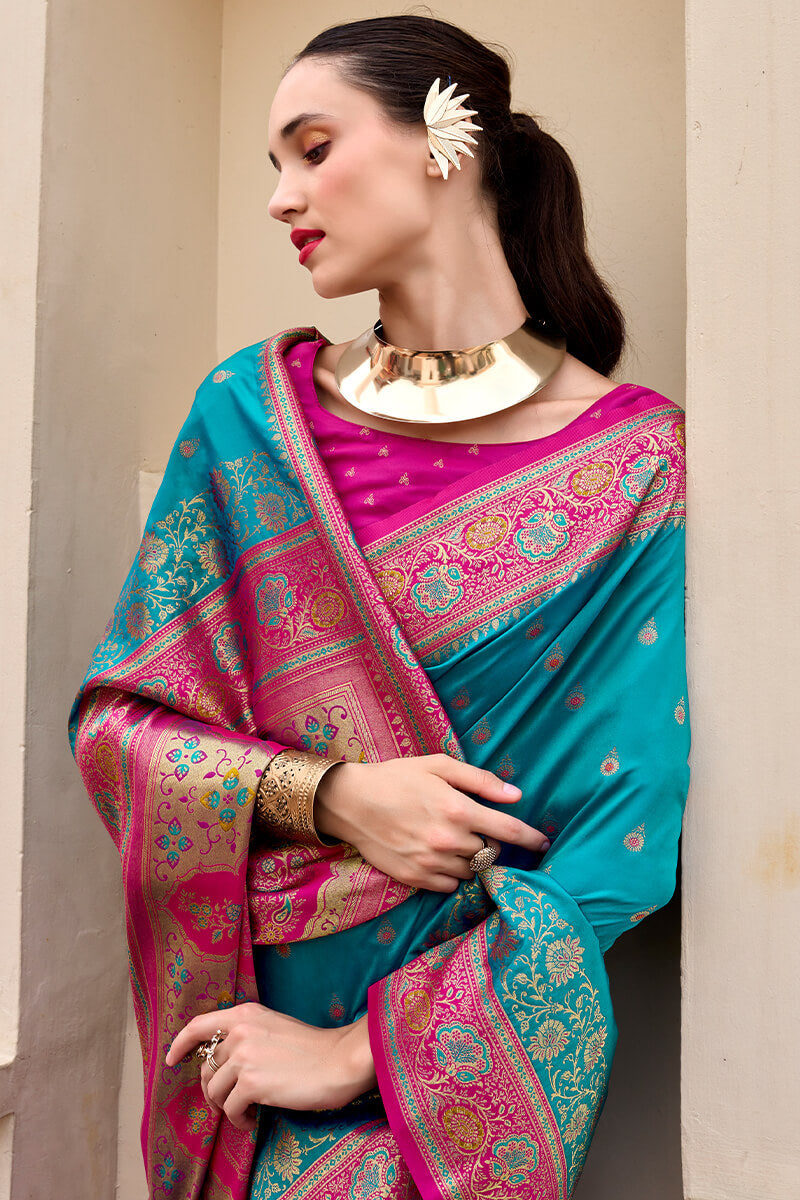 Topaz Blue Soft Banarasi Silk Saree