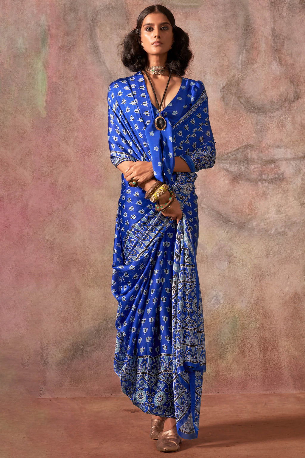 Tory Blue Ajarkh Printed Satin Georgette Silk Saree