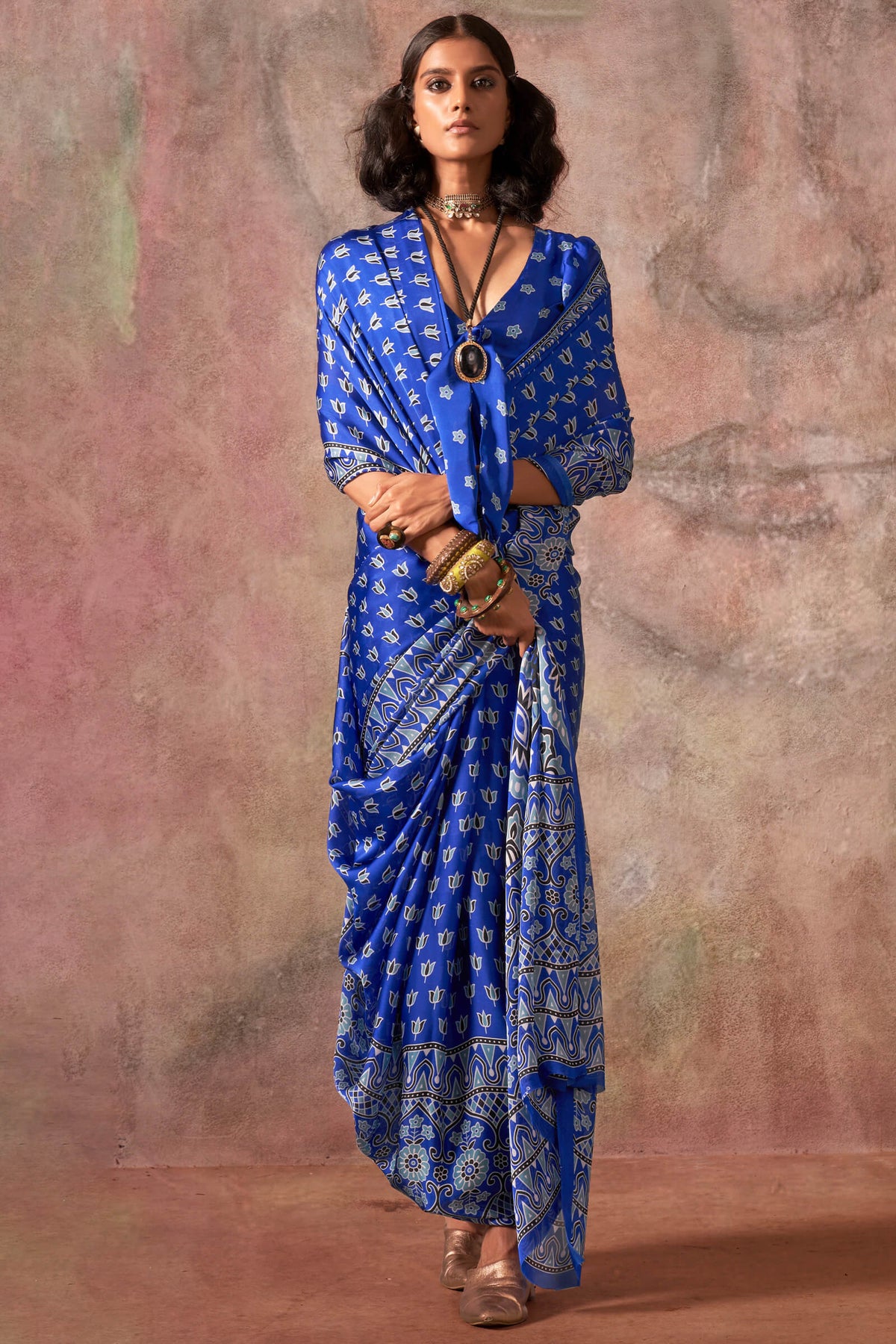 Tory Blue Ajarkh Printed Satin Georgette Silk Saree