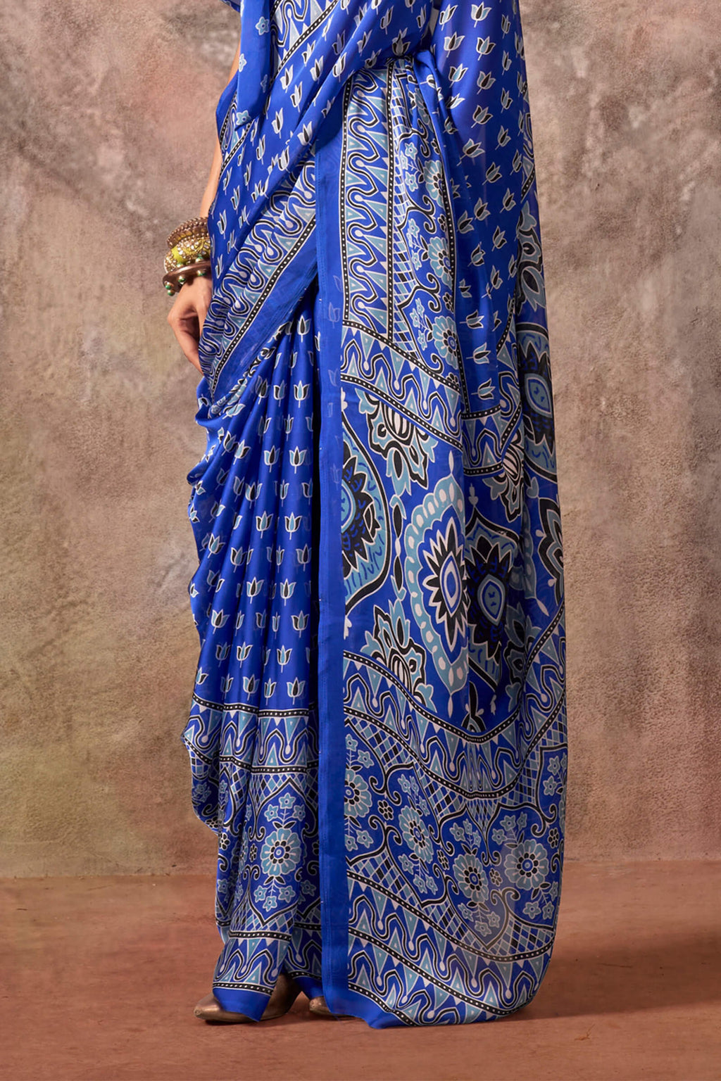 Tory Blue Ajarkh Printed Satin Georgette Silk Saree